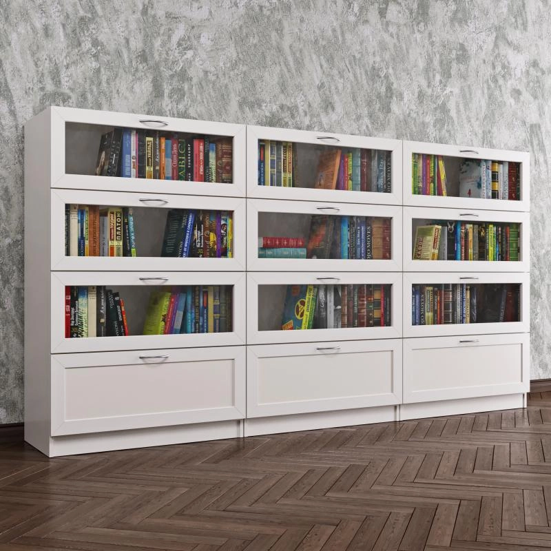 Низкий книжный шкаф с ящиками белого цвета фото 1