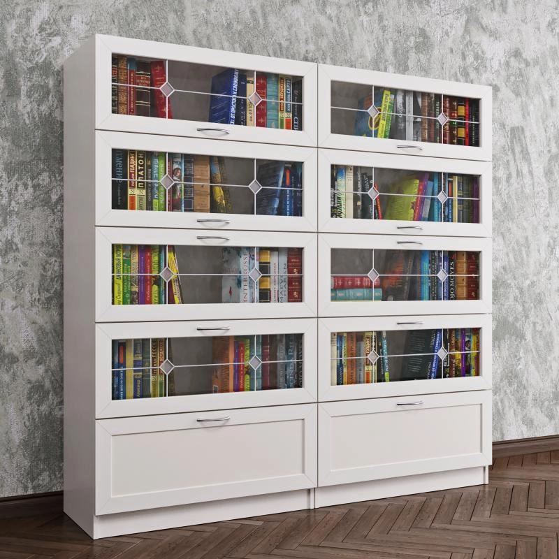 Узкий книжный шкаф с ящиками для мелочей белого цвета фото 1