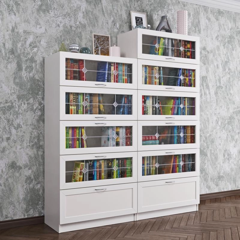 Узкий книжный шкаф с выдвижными ящиками белого цвета фото 1