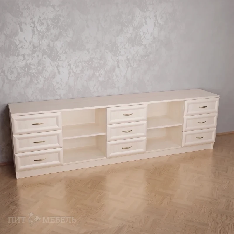 Длинный комод с полками в зал цвета белый глянец фото 1