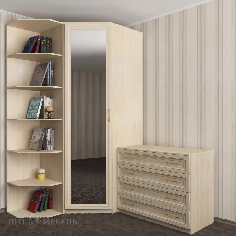 Зеркальный узкий платяной шкаф угловой для спальни с распашными дверями цвета молочный беленый дуб фото 1