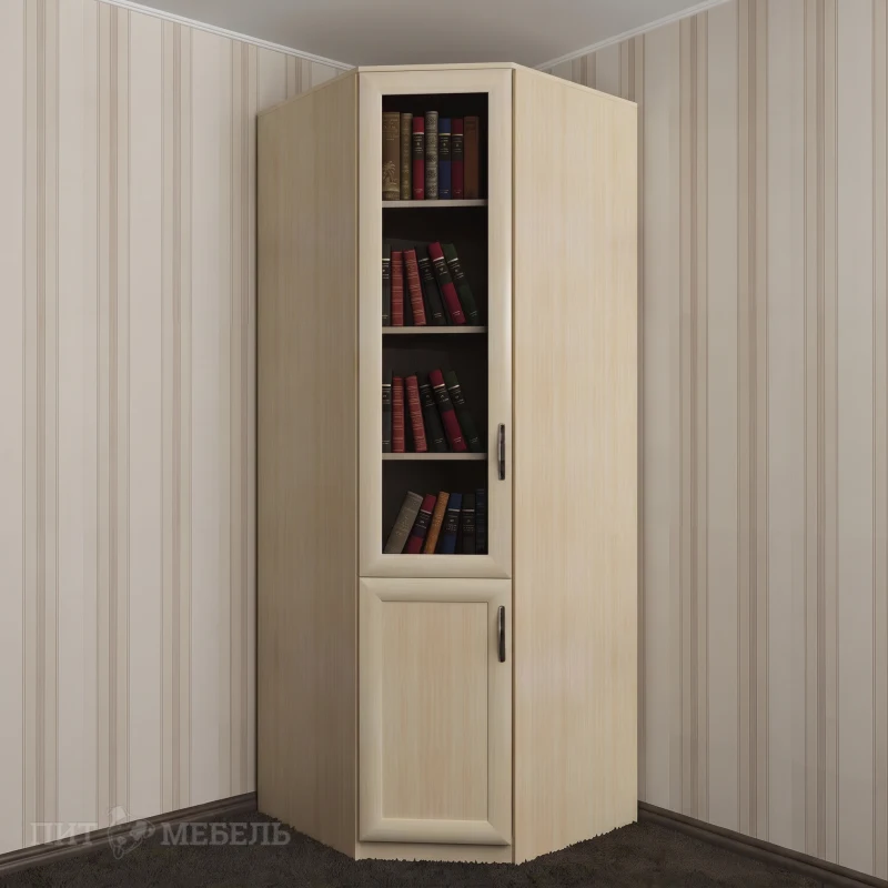 Книжный 1-дверный угловой шкаф в кабинет со стеклянными дверцами цвета молочный беленый дуб фото 1