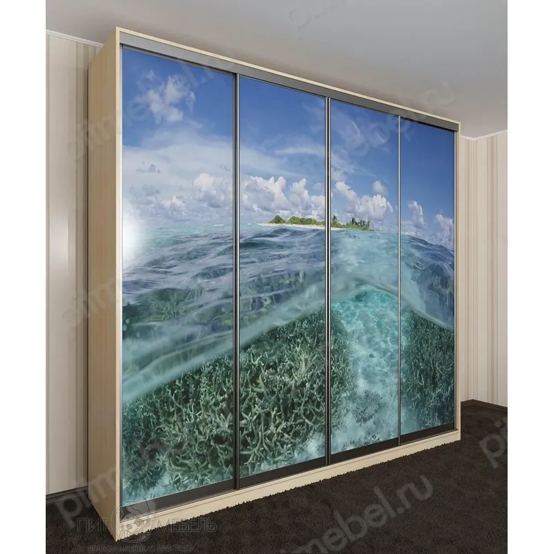 Четырехдверный прямой шкаф купе в зал с фотопечатью "море" цвет молочный дуб фото 1