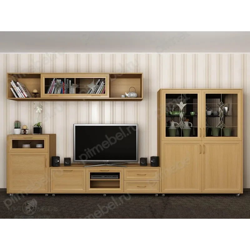 Витражная тв стенка Шагрэ с небольшим сервантом и полками для книг цвет бук фото 1