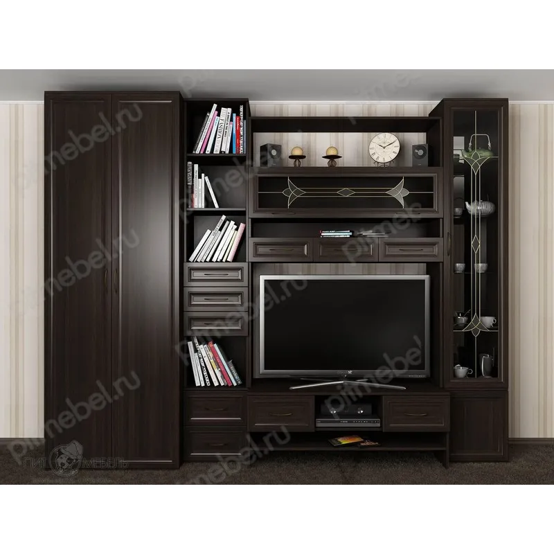 Витражная тв стенка Фиджи-1 с выдвижными ящиками и двухстворчатым шкафом цвет темный венге фото 1