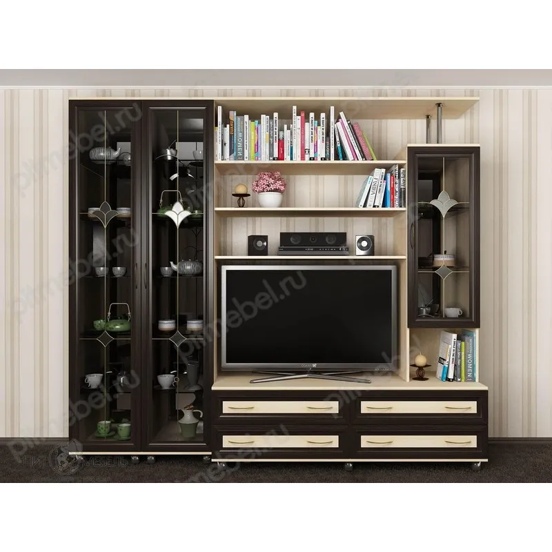 Стенка-горка Аврелия-3 с витражами и нишей под тв Аврелия-3 цвет молочный дуб венге фото 1