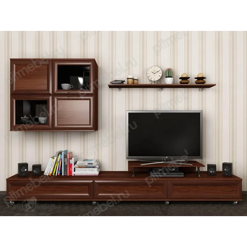 Стенка под тв Тануки 7 в зал с навесными распашными шкафчиками и нишей под тв цвет итальянский орех фото 1